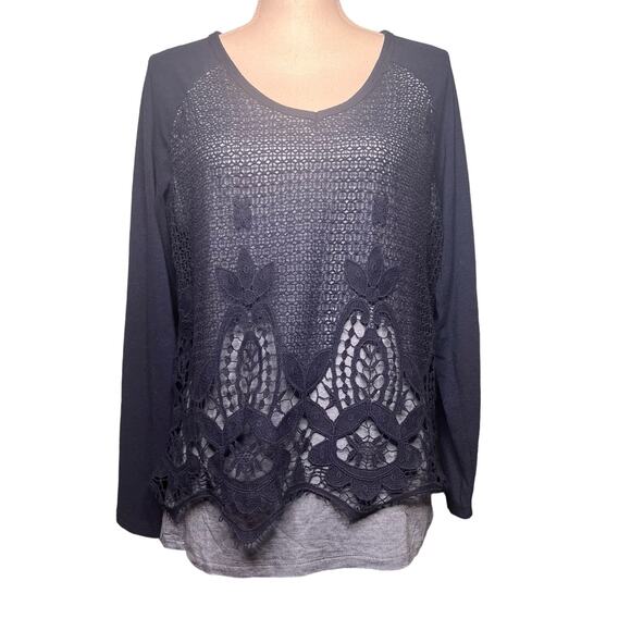 Democracy Size Medium Blue Layered Lace Long Sleeve Top Baseball Ringer Tee - Picture 1 of 9